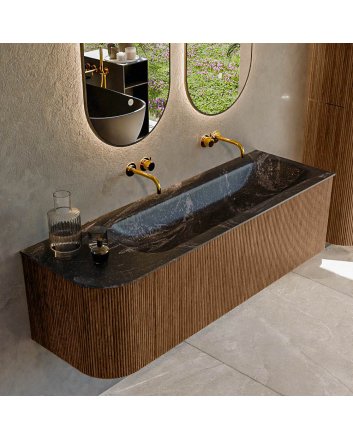 Mondiaz Kurve-Dlux 145cm badmeubel ronding Links kleur Walnut met 1 lade en 1 deur. Wastafel Big large Rechts zonder kraangat Lava.