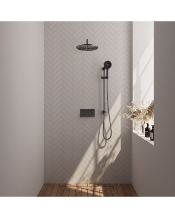 BRAUER Gunmetal Carving thermostatische inbouw regendouche met drukknoppen SET 70 met 30 cm douchekop en gebogen muurarm en 3-standen handdouche en doucheslang en geïntegreerde glijstang gunmetal geborsteld PVD