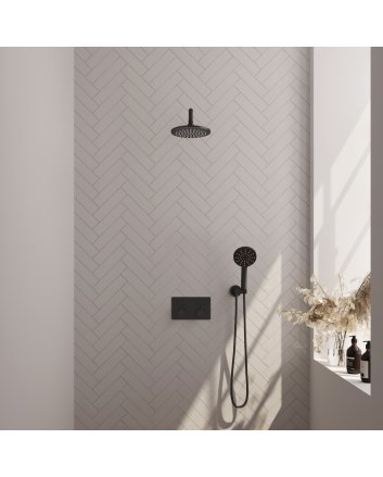 BRAUER Black Edition thermostatische inbouw regendouche met drukknoppen SET 57 met 20 cm douchekop en gebogen muurarm en 3-standen handdouche en doucheslang en wandaansluitbocht mat zwart