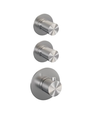 BRAUER Brushed Carving thermostatische inbouw regendouche SET 08 met 30 cm douchekop en rechte muurarm en 3-standen handdouche en doucheslang en wandaansluitbocht RVS geborsteld PVD