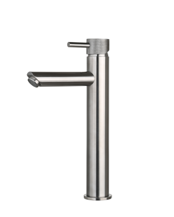 Sani DeLuxe Wastafelmengkraan opbouw hoog rond Gun Metal met geribbeld knop