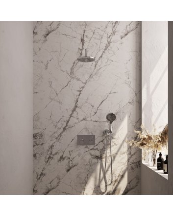 BRAUER Chrome Edition thermostatische inbouw regendouche met drukknoppen SET 57 met 20 cm douchekop en gebogen muurarm en 3-standen handdouche en doucheslang en wandaansluitbocht chroom