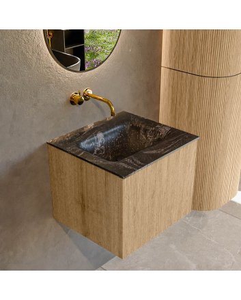 Mondiaz Kurve-Dlux 50cm badmeubel kleur Oak met 1 lade en 0 deuren. Wastafel Grunne Midden zonder kraangat Lava.