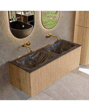 Mondiaz Kurve-Dlux 120cm badmeubel kleur Oak met 1 lade en 0 deuren. Wastafel Leaf Dubbel zonder kraangat Lava.