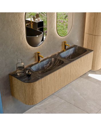 Mondiaz Kurve-Dlux 165cm badmeubel ronding Links kleur Oak met 2 lades en 1 deur. Wastafel Stor small Dubbel / Rechts 2 kraangaten Lava.