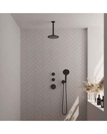 BRAUER Black Edition thermostatische inbouw regendouche SET 11 met 20 cm douchekop en plafondarm en 3-standen handdouche en doucheslang en wandaansluitbocht mat zwart