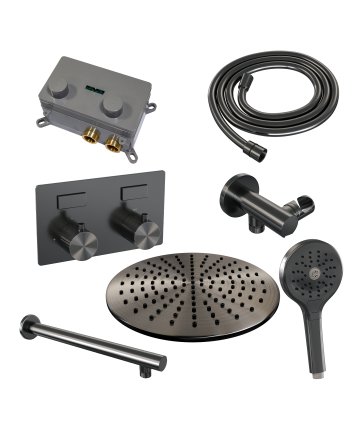 BRAUER Gunmetal Carving thermostatische inbouw regendouche met drukknoppen SET 56 met 30 cm douchekop en rechte muurarm en 3-standen handdouche en doucheslang en wandaansluitbocht gunmetal geborsteld PVD