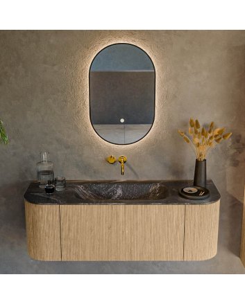 Mondiaz Kurve-Dlux 130cm badmeubel ronding Links + Rechts kleur Oak met 1 lade en 2 deuren. Wastafel Big small Midden zonder kraangat Lava.