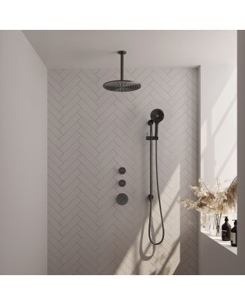 BRAUER Gunmetal Edition thermostatische inbouw regendouche SET 24 met 30 cm douchekop en plafondarm en 3-standen handdouche en doucheslang en geïntegreerde glijstang gunmetal geborsteld PVD