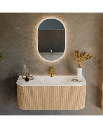 Mondiaz Kurve-Dlux 110cm badmeubel ronding Links + Rechts kleur Oak met 1 lade en 2 deuren. Wastafel Cloud Midden 1 kraangat Ostra.
