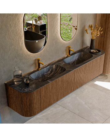 Mondiaz Kurve-Dlux 200cm badmeubel ronding Links + Rechts kleur Walnut met 2 lades en 2 deuren. Wastafel Stor small Dubbel 2 kraangaten Lava.