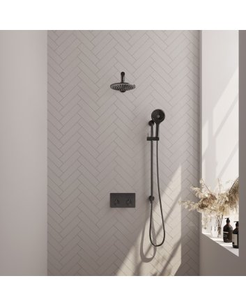 BRAUER Gunmetal Carving thermostatische inbouw regendouche met drukknoppen SET 67 met 20 cm douchekop en rechte muurarm en 3-standen handdouche en doucheslang en geïntegreerde glijstang gunmetal geborsteld PVD