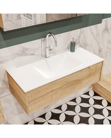 Mondiaz Lush 100 badmeubel washed oak 1 lade wastafel Cloud midden 1 kraangat