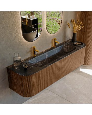 Mondiaz Kurve-Dlux 170cm badmeubel ronding Links + Rechts kleur Walnut met 1 lade en 2 deuren. Wastafel Big large Midden 2 kraangaten Lava.