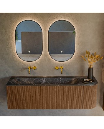 Mondiaz Kurve-Dlux 145cm badmeubel ronding Rechts kleur Walnut met 1 lade en 1 deur. Wastafel Big large Links zonder kraangat Lava.