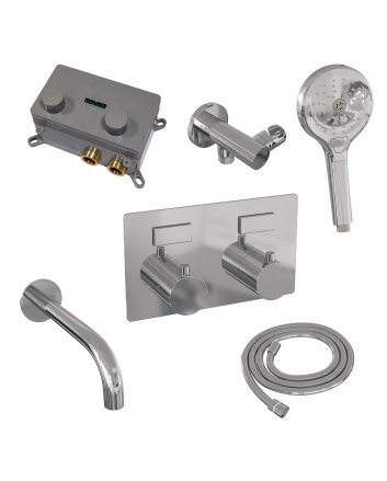 BRAUER Chrome Edition thermostatische inbouw badkraan met drukknoppen SET 04 met uitloop en 3-standen handdouche en doucheslang en wandaansluitbocht chroom