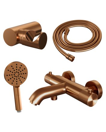 BRAUER Copper Carving opbouw baddouche thermostaatkraan SET 04 met wandhouder en 3-standen handdouche en doucheslang koper geborsteld PVD