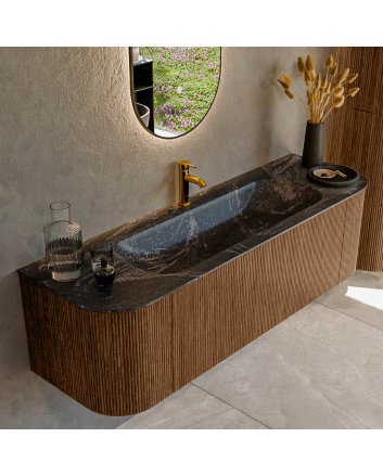 Mondiaz Kurve-Dlux 150cm badmeubel ronding Links + Rechts kleur Walnut met 1 lade en 2 deuren. Wastafel Big medium Midden 1 kraangat Lava.