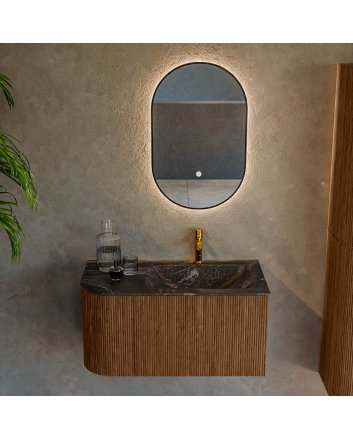 Mondiaz Kurve-Dlux 85cm badmeubel ronding Links kleur Walnut met 1 lade en 1 deur. Wastafel Cloud Rechts 1 kraangat Lava.
