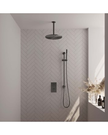 BRAUER Gunmetal Carving thermostatische inbouw regendouche 3-weg omstelling SET 42 met 30 cm douchekop en plafondarm en staaf handdouche en doucheslang en geïntegreerde glijstang gunmetal geborsteld PVD