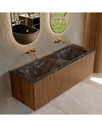 Mondiaz Kurve-Dlux 130cm badmeubel kleur Walnut met 2 lades en 0 deuren. Wastafel Leaf Dubbel zonder kraangat Lava.
