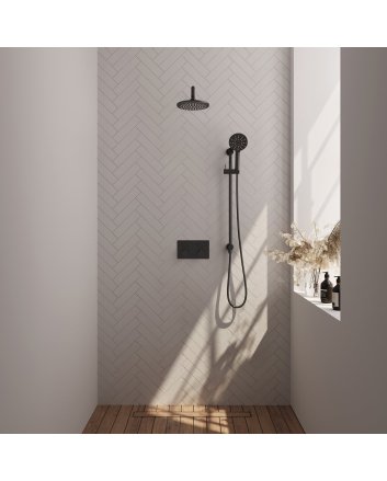 BRAUER Black Edition thermostatische inbouw regendouche met drukknoppen SET 69 met 20 cm douchekop en gebogen muurarm en 3-standen handdouche en doucheslang en geïntegreerde glijstang mat zwart