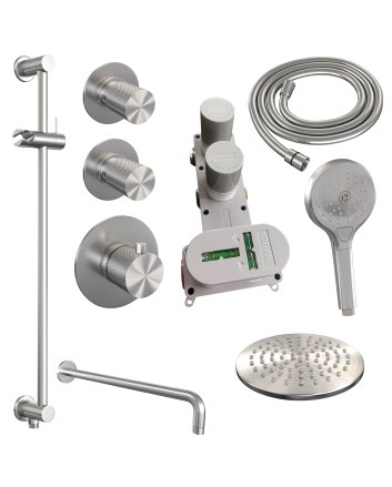 BRAUER Brushed Carving thermostatische inbouw regendouche SET 21 met 20 cm douchekop en gebogen muurarm en 3-standen handdouche en doucheslang en geïntegreerde glijstang RVS geborsteld PVD