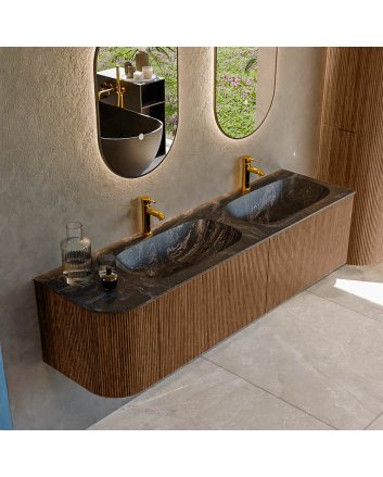 Mondiaz Kurve-Dlux 165cm badmeubel ronding Links kleur Walnut met 2 lades en 1 deur. Wastafel Stor small Dubbel / Rechts 2 kraangaten Lava.