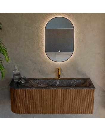 Mondiaz Kurve-Dlux 125cm badmeubel ronding Links kleur Walnut met 1 lade en 1 deur. Wastafel Big medium Rechts 1 kraangat Lava.