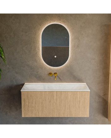 Mondiaz Kurve-Dlux 100cm badmeubel kleur Oak met 1 lade en 0 deuren. Wastafel Big medium Midden zonder kraangat Opalo.