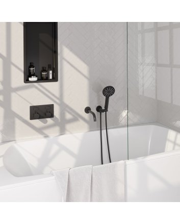 BRAUER Black Carving thermostatische inbouw badkraan met drukknoppen SET 04 met uitloop en 3-standen handdouche en doucheslang en wandaansluitbocht mat zwart