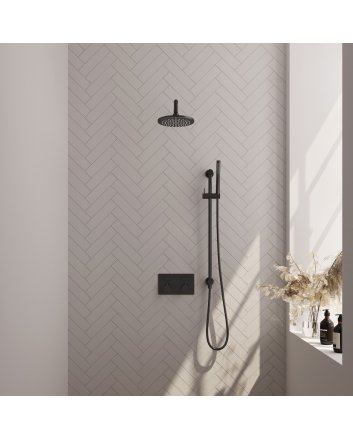 BRAUER Black Carving thermostatische inbouw regendouche met drukknoppen SET 63 met 20 cm douchekop en gebogen muurarm en staaf handdouche en doucheslang en geïntegreerde glijstang mat zwart