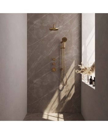 BRAUER Gold Carving thermostatische inbouw regendouche SET 21 met 20 cm douchekop en gebogen muurarm en 3-standen handdouche en doucheslang en geïntegreerde glijstang goud geborsteld PVD