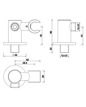 Wandaansluitbocht met kantelbare handdouchehouder rond 1/2" chroom