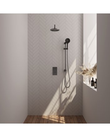 BRAUER Gunmetal Edition thermostatische inbouw regendouche 3-weg omstelling SET 45 met 20 cm douchekop en gebogen muurarm en 3-standen handdouche en doucheslang en geïntegreerde glijstang gunmetal geborsteld PVD