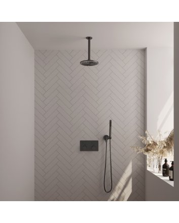 BRAUER Gunmetal Carving thermostatische inbouw regendouche met drukknoppen SET 53 met 20 cm douchekop en plafondarm en staaf handdouche en doucheslang en wandaansluitbocht gunmetal geborsteld PVD