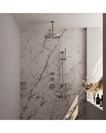BRAUER Brushed Carving thermostatische inbouw regendouche SET 18 met 30 cm douchekop en plafondarm en staaf handdouche en doucheslang en geïntegreerde glijstang RVS geborsteld PVD