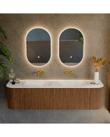 Mondiaz Kurve-Dlux 170cm badmeubel ronding Links + Rechts kleur Walnut met 1 lade en 2 deuren. Wastafel Leaf Dubbel zonder kraangat Opalo.