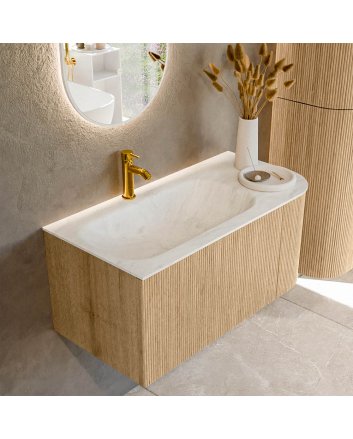 Mondiaz Kurve-Dlux 95cm badmeubel ronding Rechts kleur Oak met 1 lade en 1 deur. Wastafel Big small Links 1 kraangat Opalo.