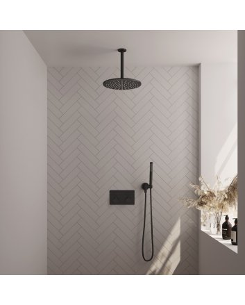 BRAUER Black Edition thermostatische inbouw regendouche met drukknoppen SET 54 met 30 cm douchekop en plafondarm en staaf handdouche en doucheslang en wandaansluitbocht mat zwart