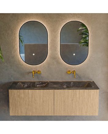 Mondiaz Kurve-Dlux 130cm badmeubel kleur Oak met 2 lades en 0 deuren. Wastafel Leaf Dubbel zonder kraangat Lava.