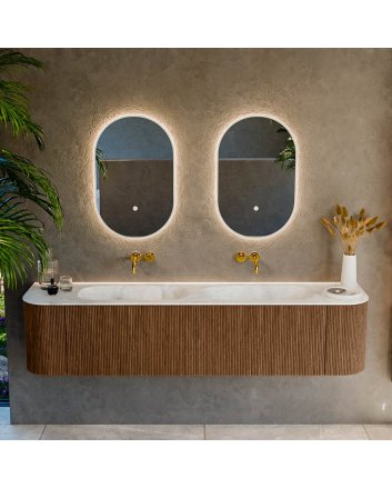 Mondiaz Kurve-Dlux 190cm badmeubel ronding Links + Rechts kleur Walnut met 2 lades en 2 deuren. Wastafel Stor small Dubbel zonder kraangat Opalo.