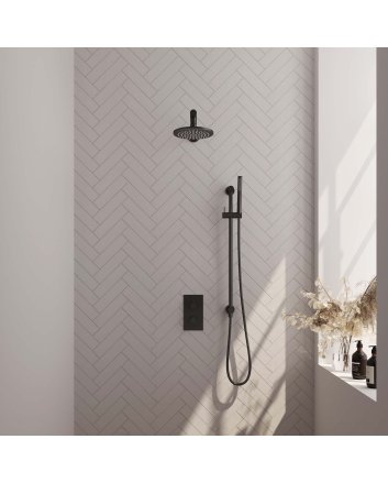BRAUER Black Edition thermostatische inbouw regendouche 3-weg omstelling SET 37 met 20 cm douchekop en rechte muurarm en staaf handdouche en doucheslang en geïntegreerde glijstang mat zwart