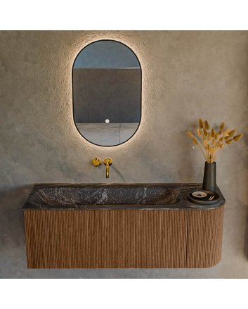 Mondiaz Kurve-Dlux 125cm badmeubel ronding Rechts kleur Walnut met 1 lade en 1 deur. Wastafel Big medium Links zonder kraangat Lava.