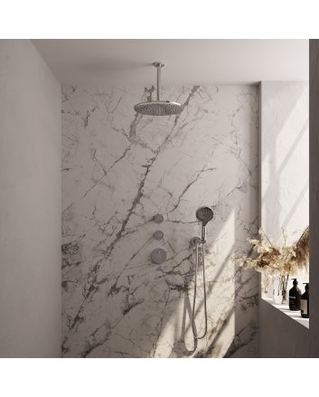 BRAUER Chrome Carving thermostatische inbouw regendouche SET 12 met 30 cm douchekop en plafondarm en 3-standen handdouche en doucheslang en wandaansluitbocht chroom