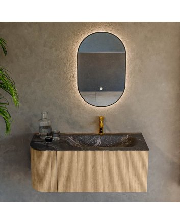 Mondiaz Kurve-Dlux 105cm badmeubel ronding Links kleur Oak met 1 lade en 1 deur. Wastafel Big small Rechts 1 kraangat Lava.