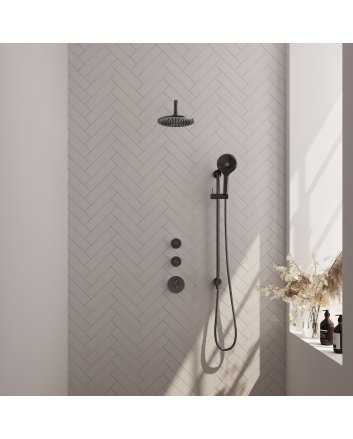 BRAUER Gunmetal Carving thermostatische inbouw regendouche SET 21 met 20 cm douchekop en gebogen muurarm en 3-standen handdouche en doucheslang en geïntegreerde glijstang gunmetal geborsteld PVD
