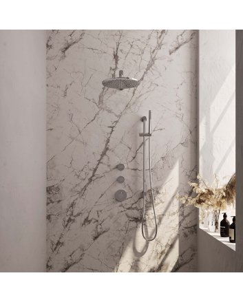 BRAUER Chrome Carving thermostatische inbouw regendouche SET 14 met 30 cm douchekop en rechte muurarm en staaf handdouche en doucheslang en geïntegreerde glijstang chroom
