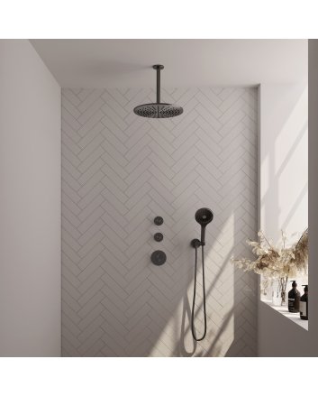 BRAUER Gunmetal Carving thermostatische inbouw regendouche SET 12 met 30 cm douchekop en plafondarm en 3-standen handdouche en doucheslang en wandaansluitbocht gunmetal geborsteld PVD