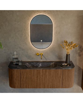 Mondiaz Kurve-Dlux 130cm badmeubel ronding Links + Rechts kleur Walnut met 1 lade en 2 deuren. Wastafel Big small Midden zonder kraangat Lava.